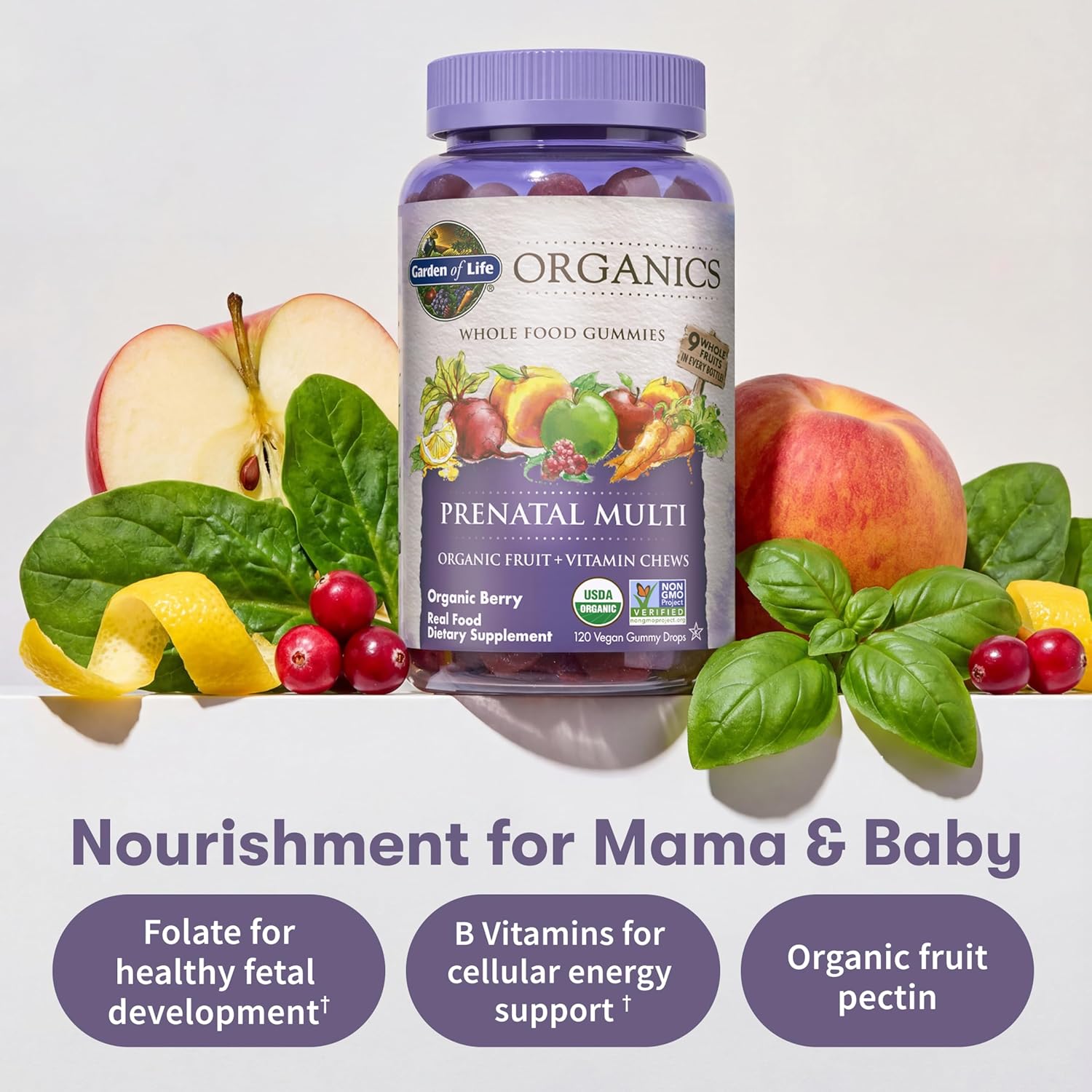 Garden of Life Organics Prenatal Gummies – Vitaminas prenatales para mujeres con apoyo al metabolismo energético y desarrollo fetal saludable, sabor a bayas, ecológico, vegano, suministro para 30 días