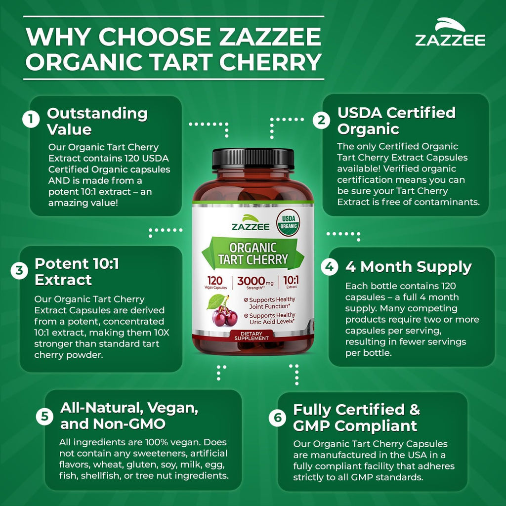 Zazzee Extracto Orgánico de Cereza Ácida 10:1 - 120 Cápsulas Veganas (4 Meses de Suministro)
