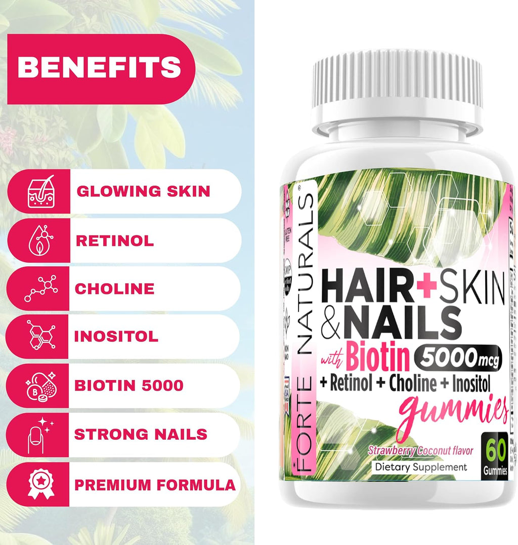 FORTE NATURALS Gominolas de Biotina 5000mcg para Cabello, Piel y Uñas - 60 unidades