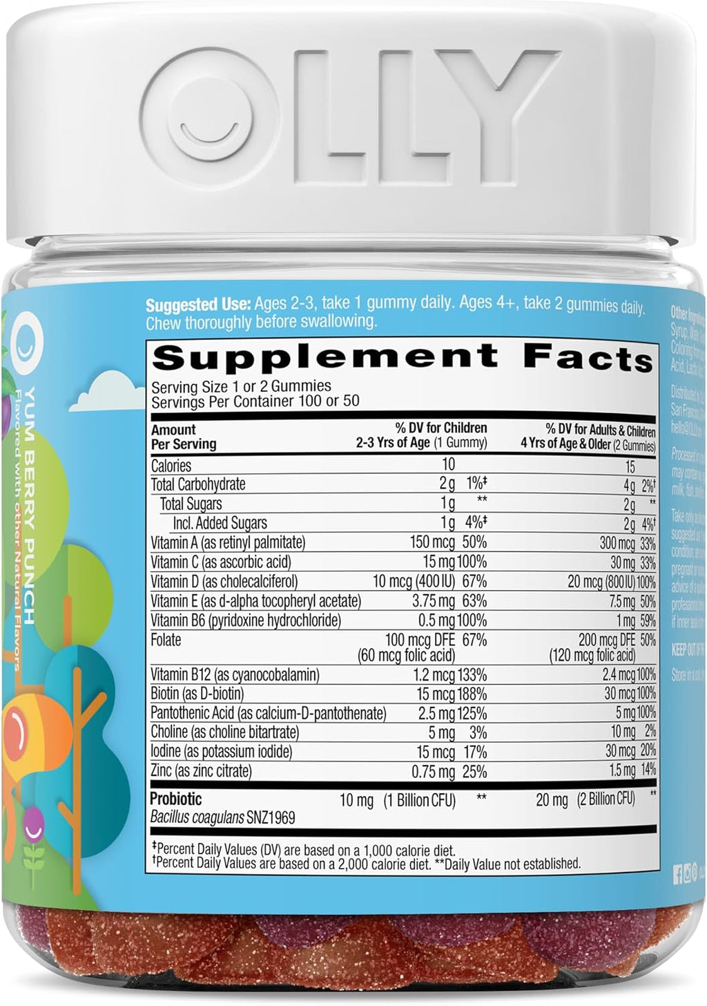 OLLY Kids Multivitamin & Probiotic Gummy – Gomitas Multivitamínicas con Probióticos para Niños, Sabor Bayas, 100 unidades