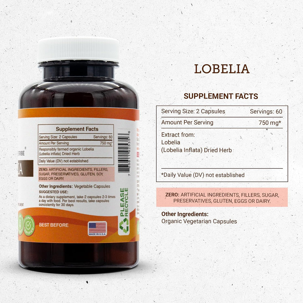 Secrets of the Tribe Lobelia 120 Cápsulas, 750 mg, Lobelia Inflata Seca Cultivada Responsablemente