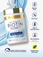 Carlyle Biotin 10000mcg | 250 Comprimidos de Disolución Rápida | Máxima Potencia | Vegetal, No OGM, Sin Gluten