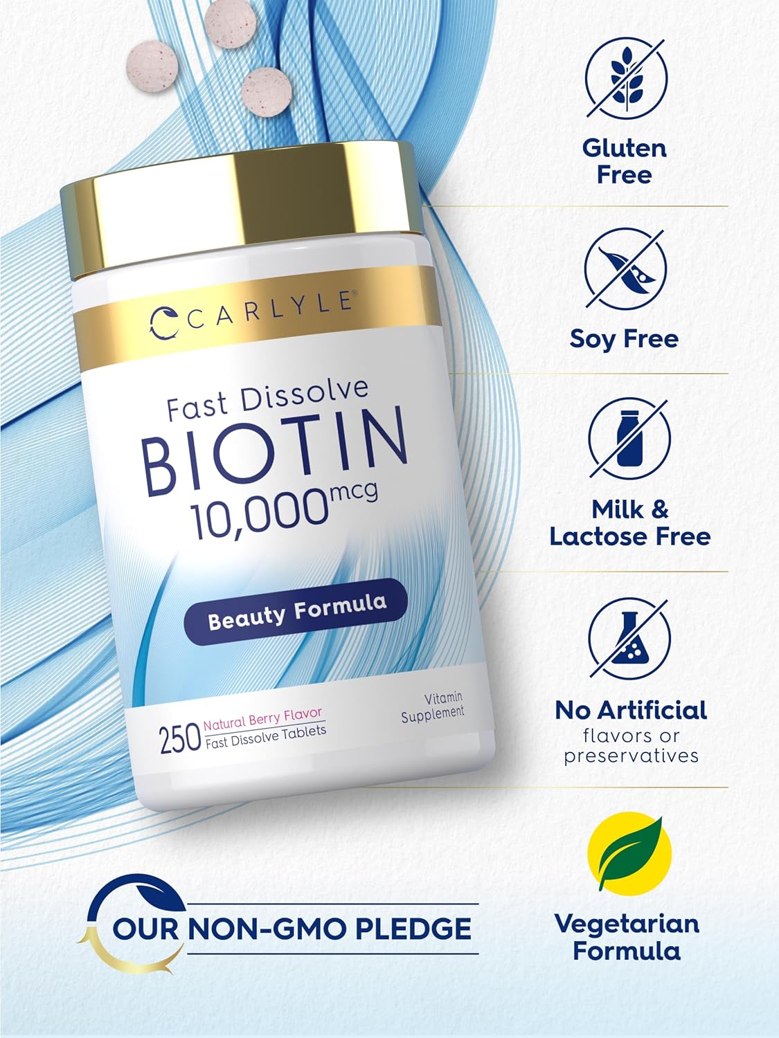 Carlyle Biotin 10000mcg | 250 Comprimidos de Disolución Rápida | Máxima Potencia | Vegetal, No OGM, Sin Gluten