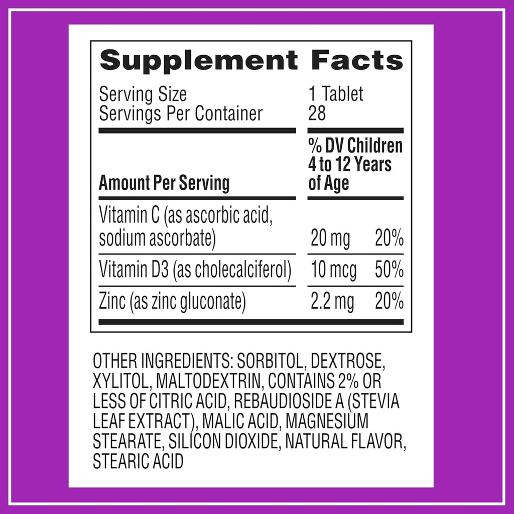 Zarbee's Kids Immune Support – Vitaminas C, D y Zinc para niños, sabor tropical, 28 comprimidos masticables