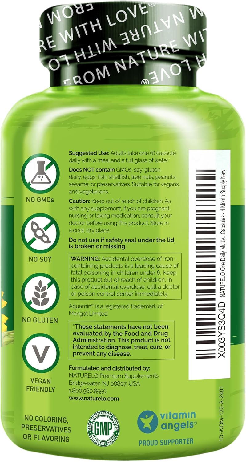 NATURELO Women's Daily Multivitamin with Vitamin B12, 120 Capsules, Energy Support, Whole Food Supplement, Non-GMO, Soy-Free, Gluten-Free, 4 Month Supply