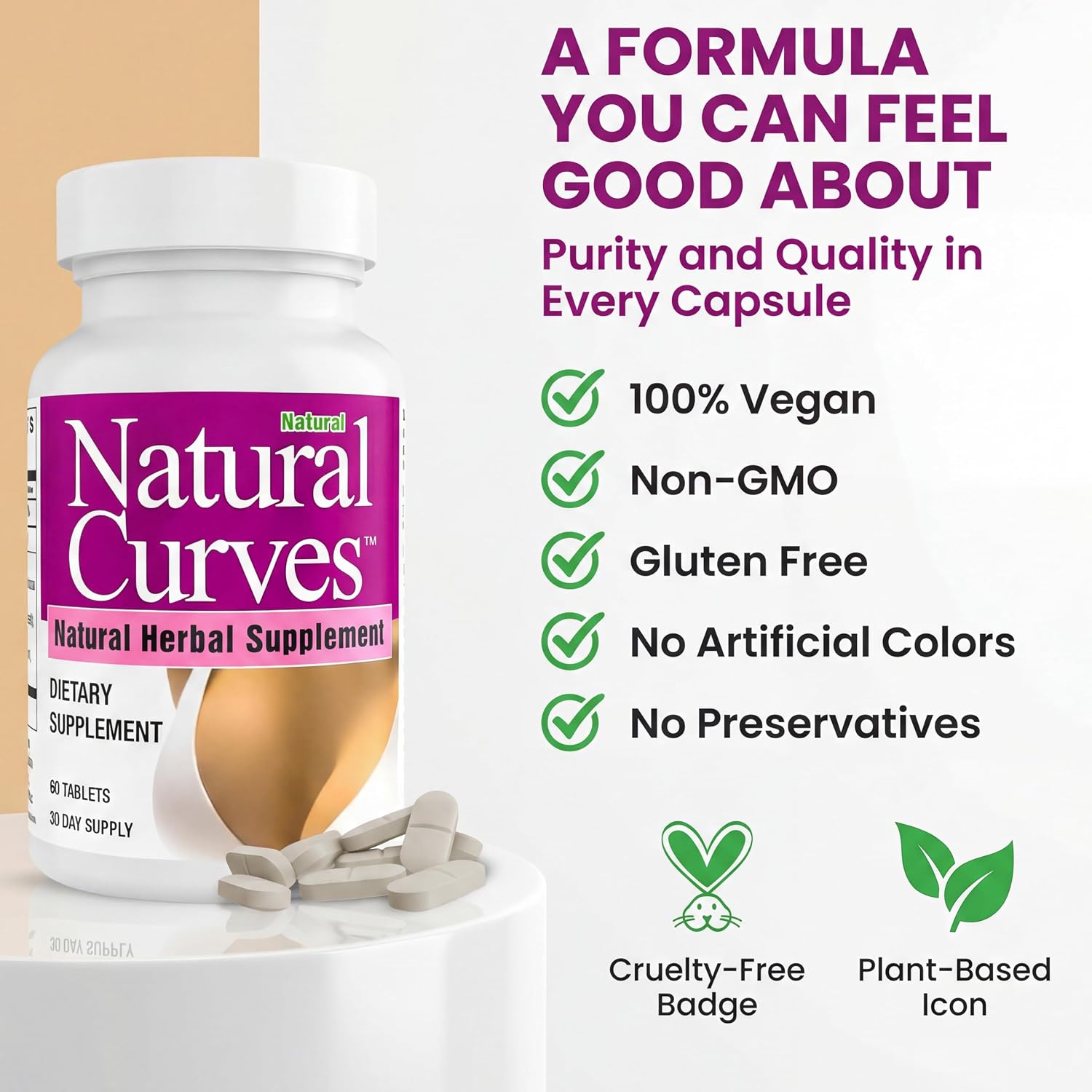 Natural Curves Suplemento Herbal para Bienestar Femenino con Fenogreco y Saw Palmetto - 60 Comprimidos Veganos