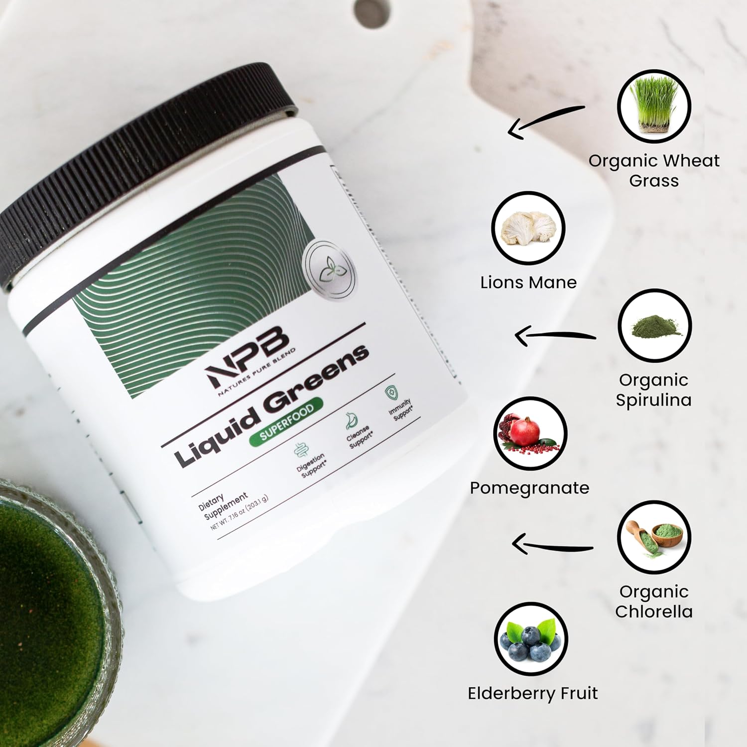 Nature's Pure Blend Super Greens Powder – Polvo Orgánico de Superalimentos con Probióticos – Sabor Matcha – 30 Dosis