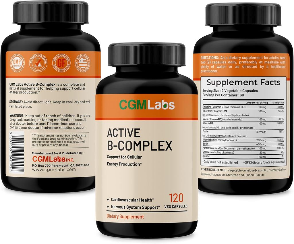 Vitamin B Complex – Complejo B Activo con B1, B2, B3, B6, B12, Folato, Biotina, Ácido Pantoténico e Inositol – 60 Cápsulas