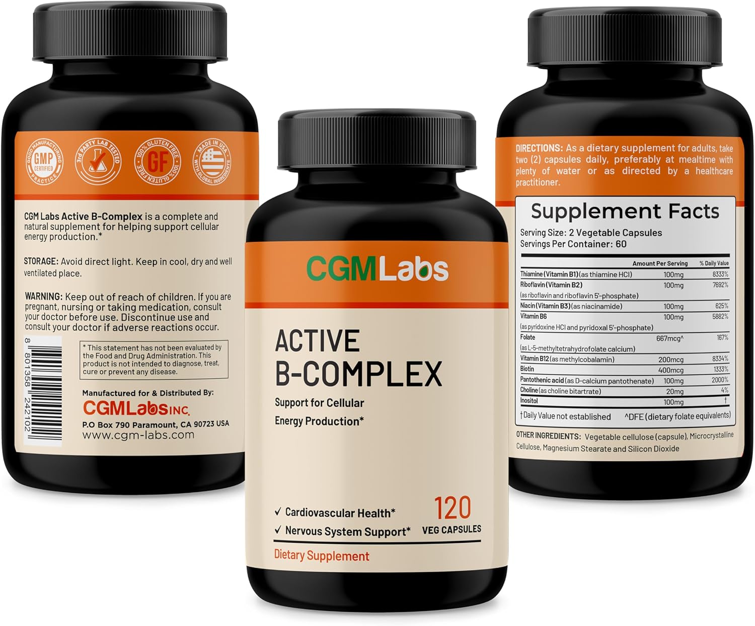 Vitamin B Complex – Complejo B Activo con B1, B2, B3, B6, B12, Folato, Biotina, Ácido Pantoténico e Inositol – 60 Cápsulas