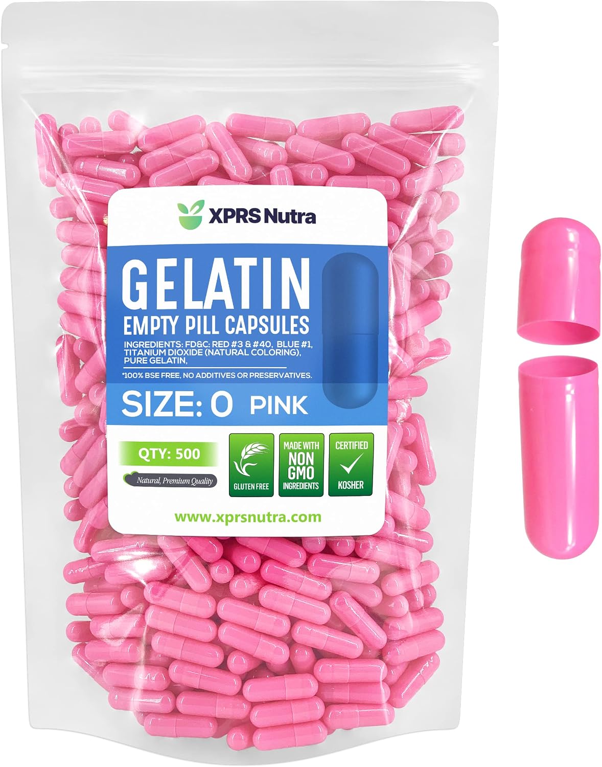 XPRS Nutra Cápsulas Vacías Tamaño 0 - 500 Unidades de Gelatina - Cápsulas para Rellenar tus Propios Suplementos (Rosa)