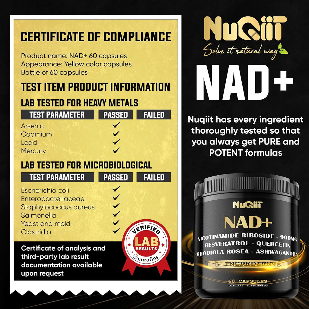 NUQIIT Suplemento NAD+ con Nicotinamida Ribósido, Resveratrol, Quercetina, Cúrcuma, Rhodiola Rosea - 60 Cápsulas