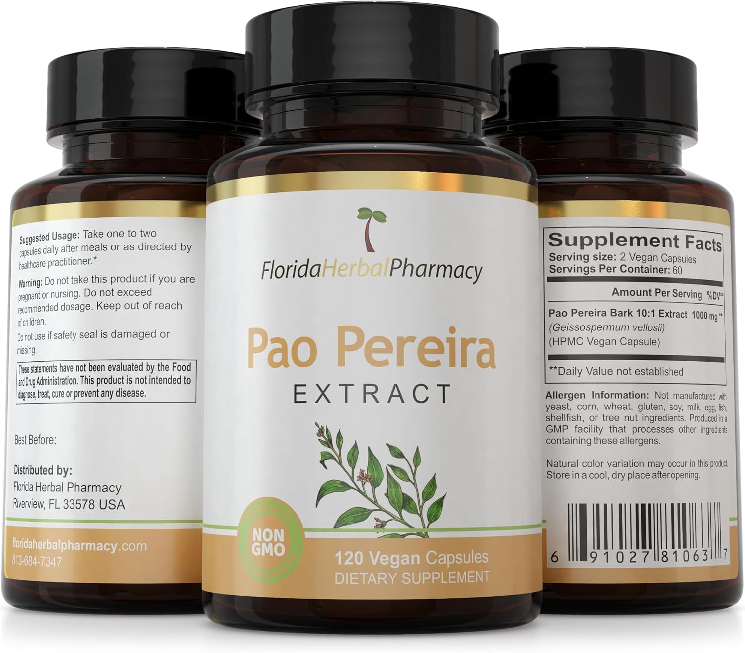 Florida Herbal Pharmacy Pao Pereira Bark Extract Supplement Capsules