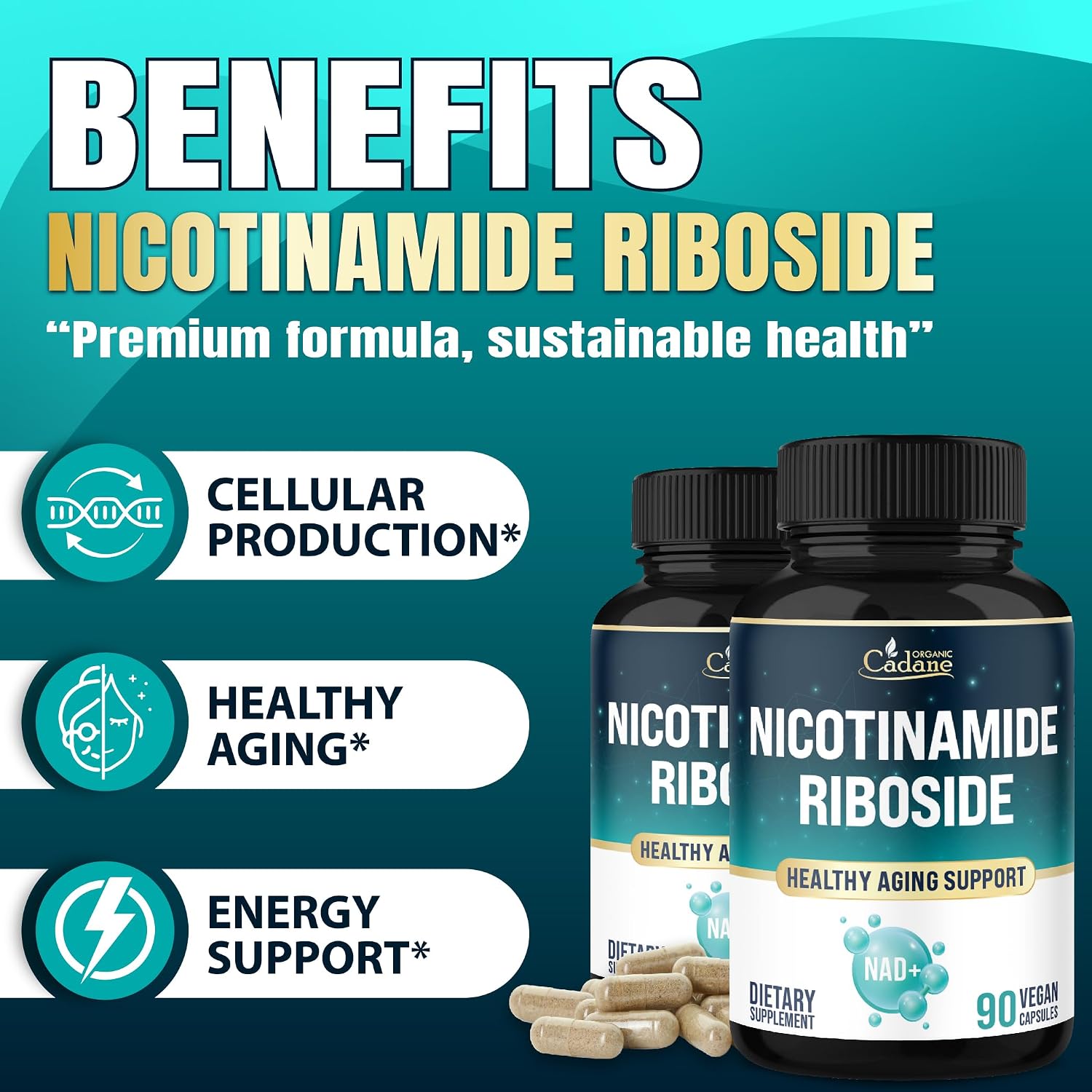 Organic Cadane Nicotinamida Ribósido 500mg | Apoyo Salud Celular | Vegano, No-GMO | 90 Cápsulas