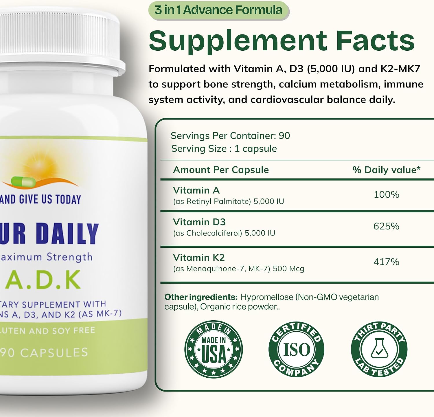 Daily Vites ADK Complemento de Vitaminas A, D3 y K2 (MK-7) – 90 Cápsulas