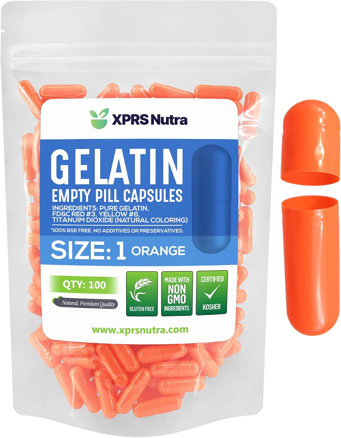 XPRS Nutra Cápsulas Vacías Tamaño 1 - 100 Cápsulas de Gelatina Vacías - Cápsulas DIY para Rellenar - Gelatina Bovina Pura para Suplementos Caseros (Naranja)
