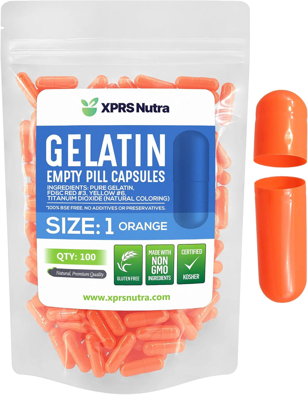 XPRS Nutra Cápsulas Vacías de Gelatina Tamaño 1 - 100 Unidades (Naranja)