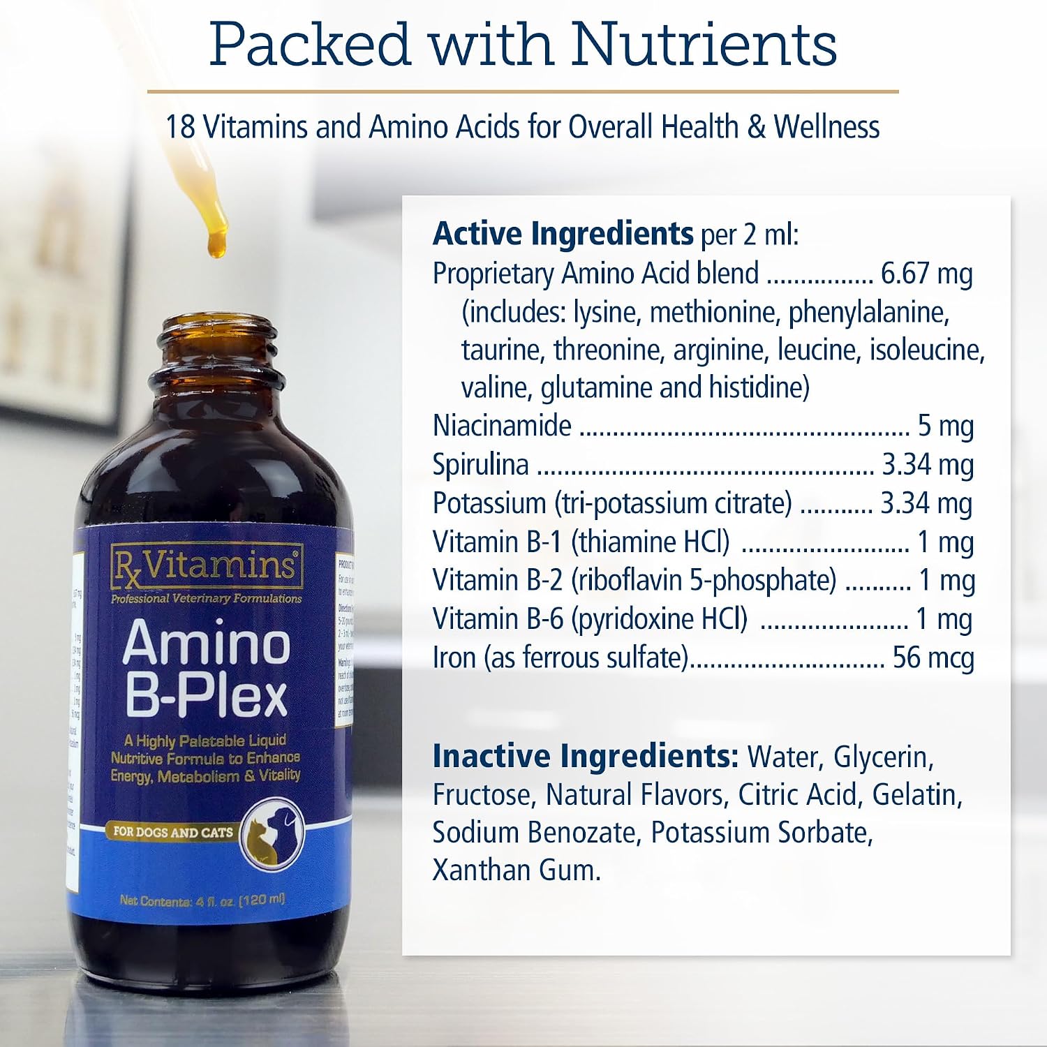 Rx Vitamins Amino B Plex Complejo B Líquido con Aminoácidos para Perros y Gatos - 118 ml