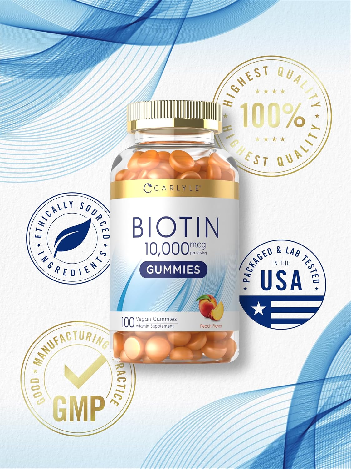 Carlyle Biotin 10000mcg Gummies – Gominolas de Biotina 10000 mcg, Sabor Melocotón, 100 uds