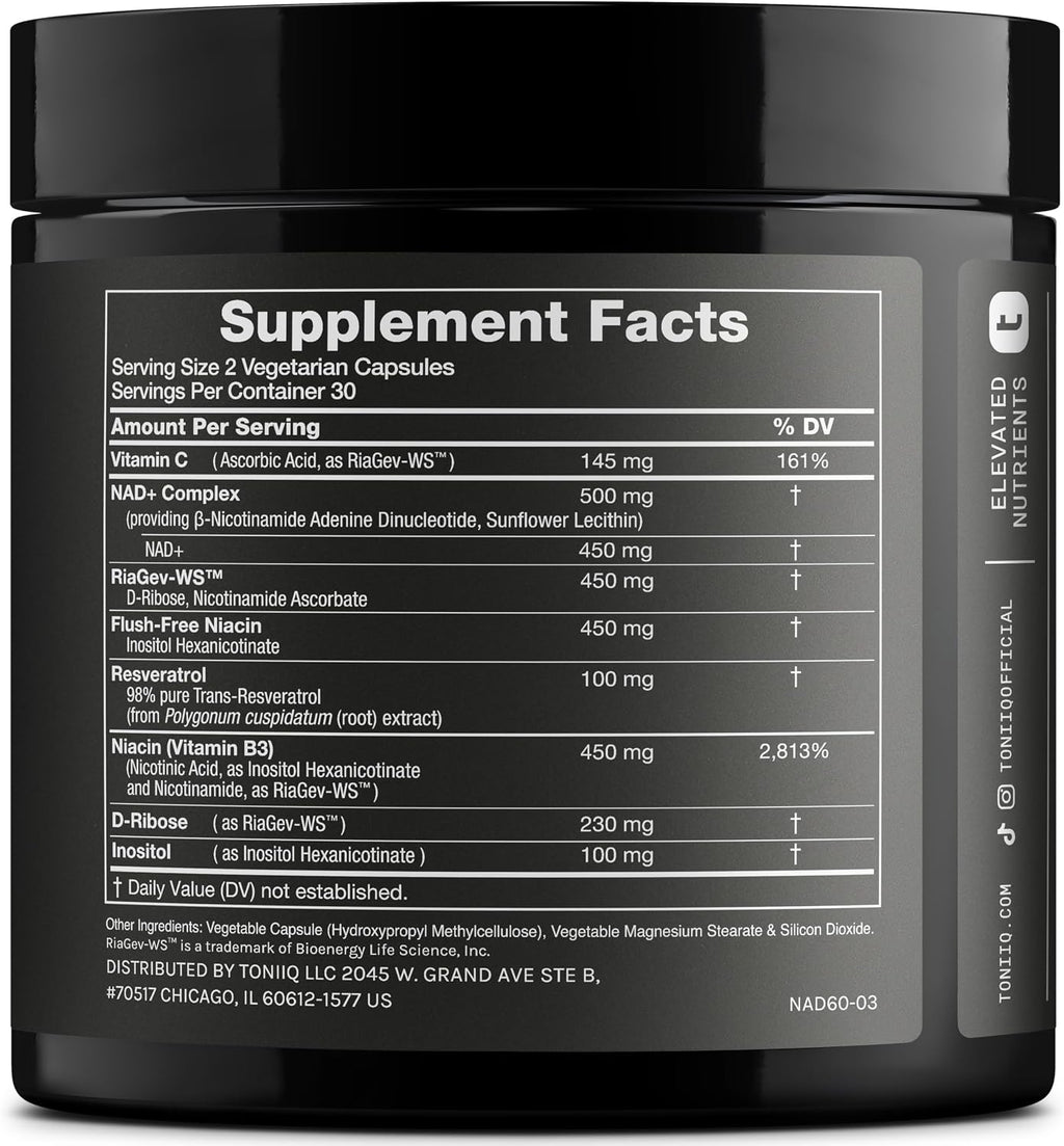 Toniiq NAD+ Liposomal con Resveratrol y Niacina - 1500mg - 60 Cápsulas