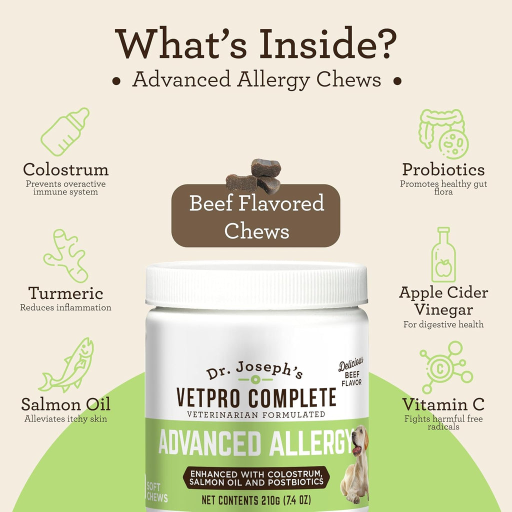 VetPro Advanced Apoyo para Alergias y Picor en Perros - Alivia Alergias Estacionales, Picor en la Piel e Inmunidad - Enriquecido con Aceite de Salmón, Probióticos y Calostro