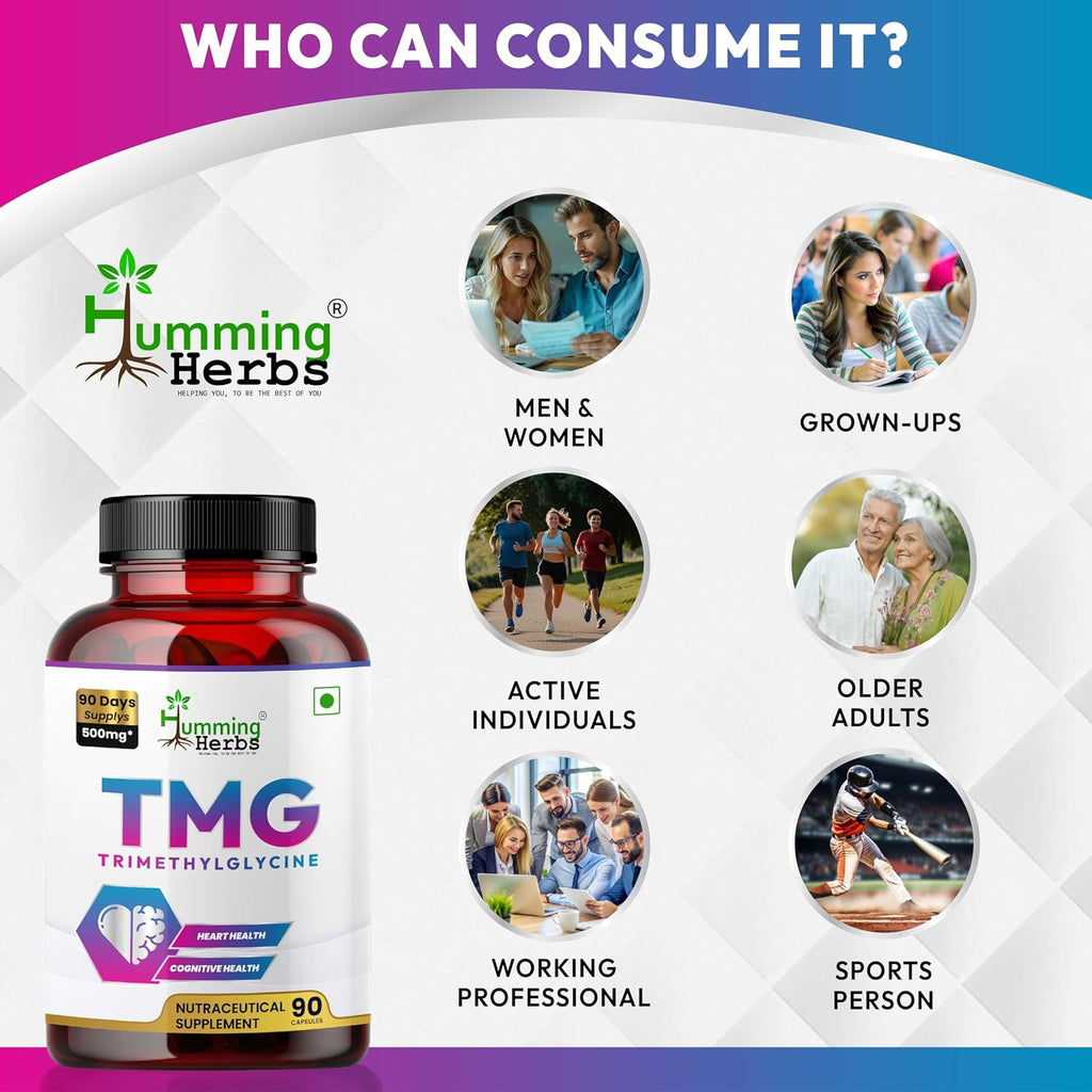 Humming Herbs TMG Suplemento de Trimetilglicina 500 mg – 90 Cápsulas Veganas | Encapsulación Microcristalina para Mayor Biodisponibilidad | Donante de Metilo para el Apoyo del Corazón, Cerebro y Homocisteína