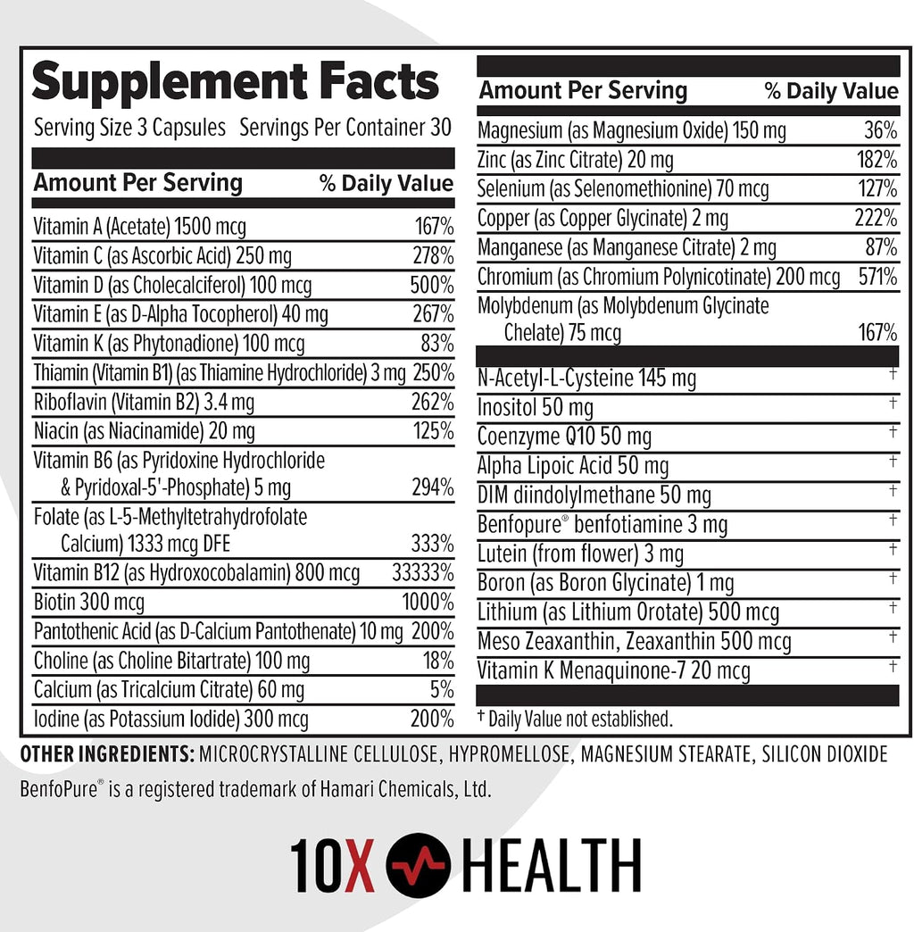 10X Health Optimize Multivitamínico Metilado para Hombres y Mujeres - 90 Cápsulas, Fórmula 34 en 1 con 800 mcg de Vitamina B12, 5-MTHF, NAC - Complejo B Metilado