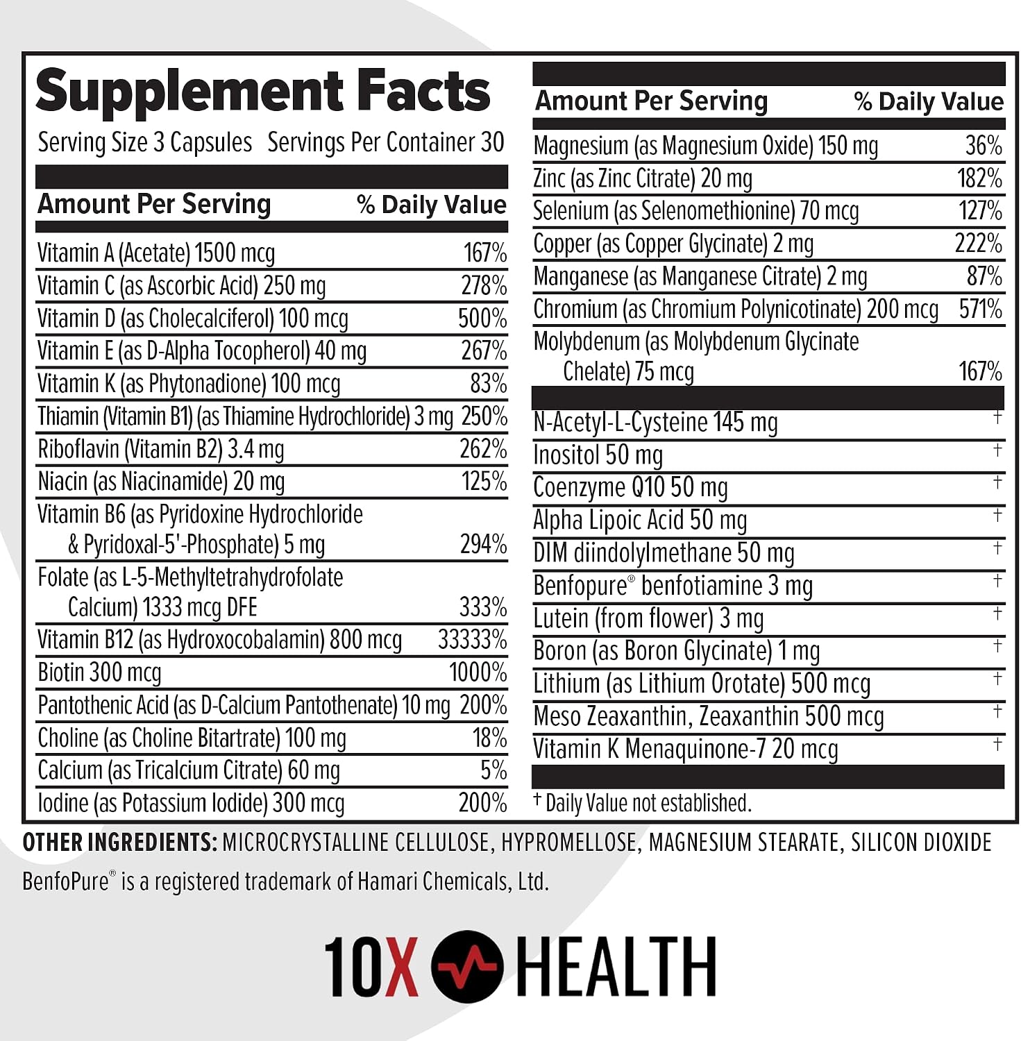 10X Health Optimize Multivitamínico Metilado para Hombres y Mujeres - 90 Cápsulas, Fórmula 34 en 1 con 800 mcg de Vitamina B12, 5-MTHF, NAC - Complejo B Metilado
