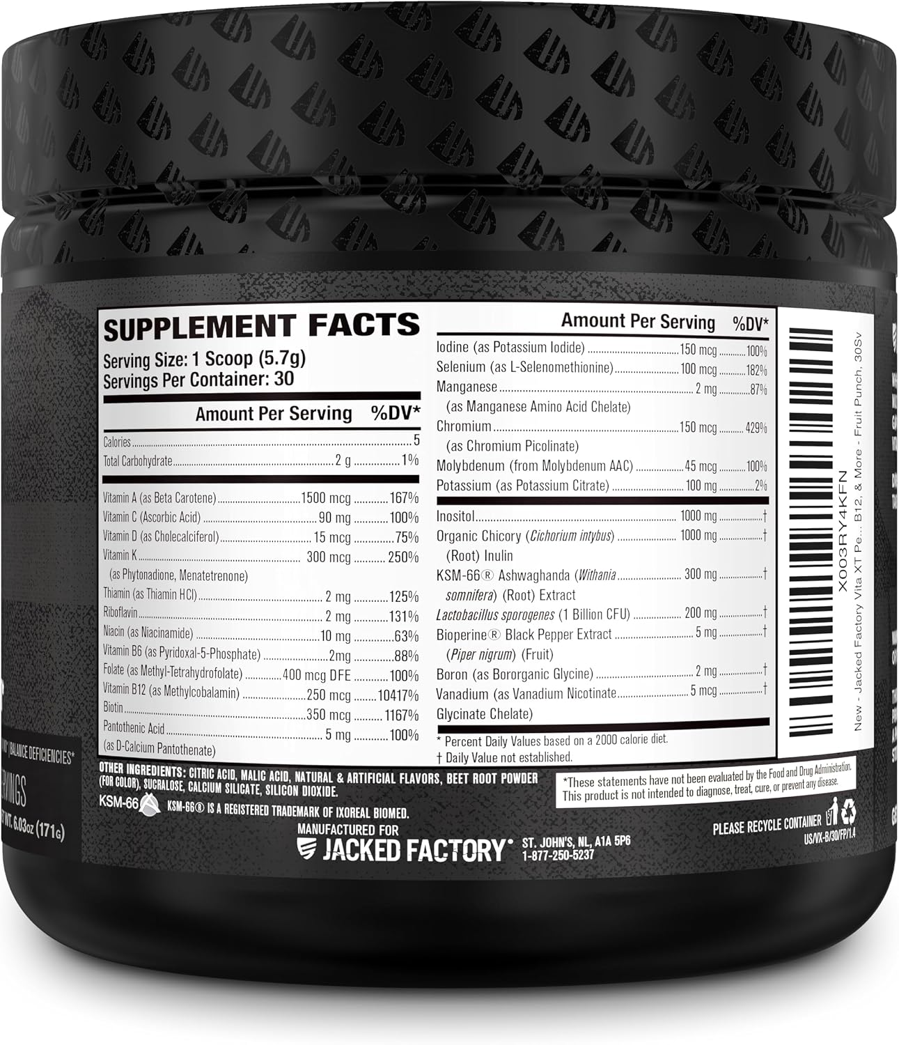 Jacked Factory Vita XT Performance Vitamin Powder - Multivitamínico en Polvo para Hombres, Sabor Fruit Punch, 30 Servicios