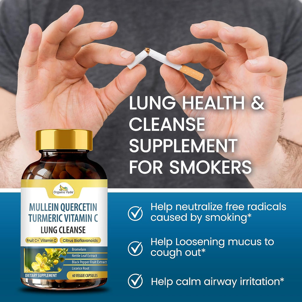 Organic Veda Mullein Quercetin Turmeric – 13 en 1 Suplemento Pulmonar (60 Cápsulas)
