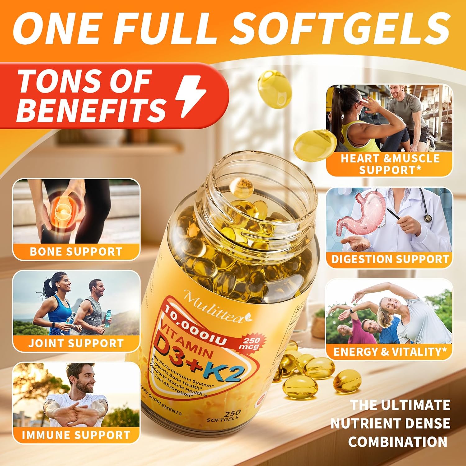 Vitamina D3 y K2 Vegana 10000 UI con MK-7 y Aceite MCT de Coco - 250 Cápsulas Blandas