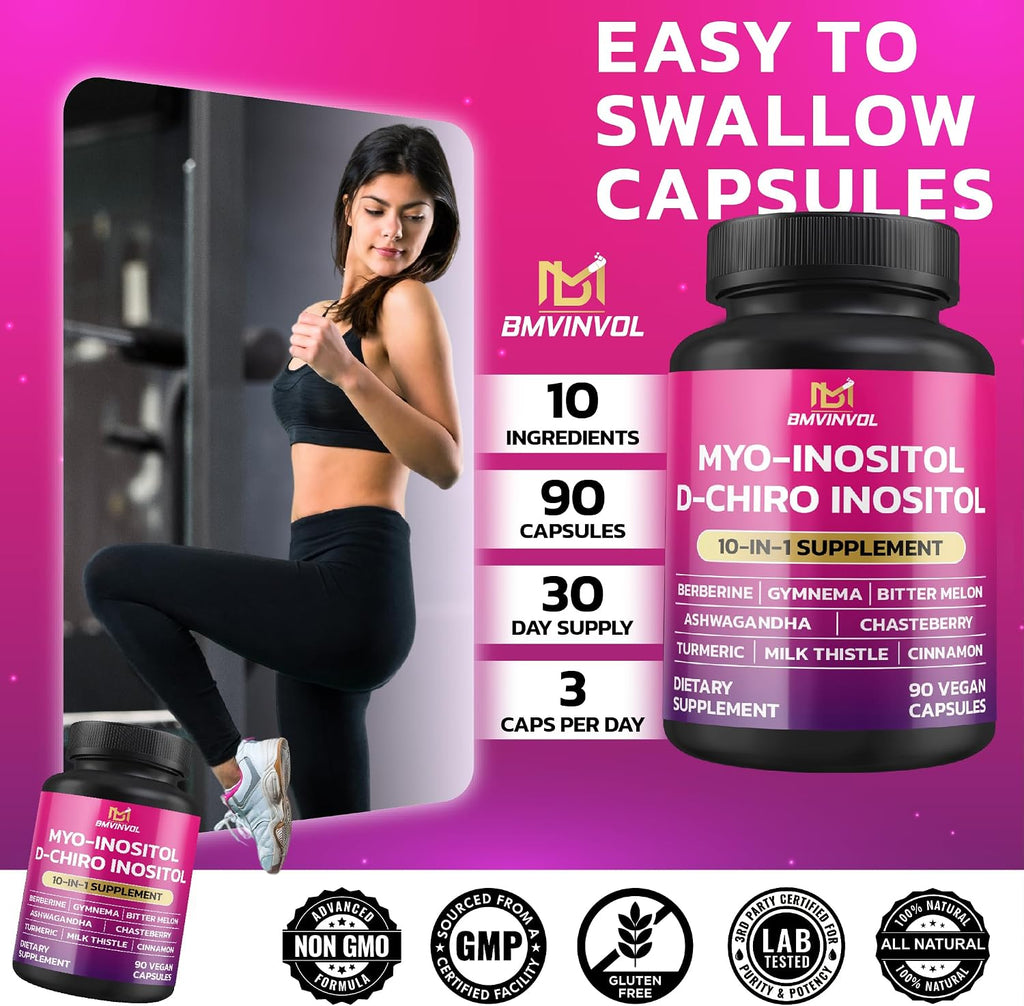 BMVINVOL Inositol 40:1 - Myo-Inositol y D-Chiro Inositol con Berberina, Ashwagandha +5 - 90 Cápsulas