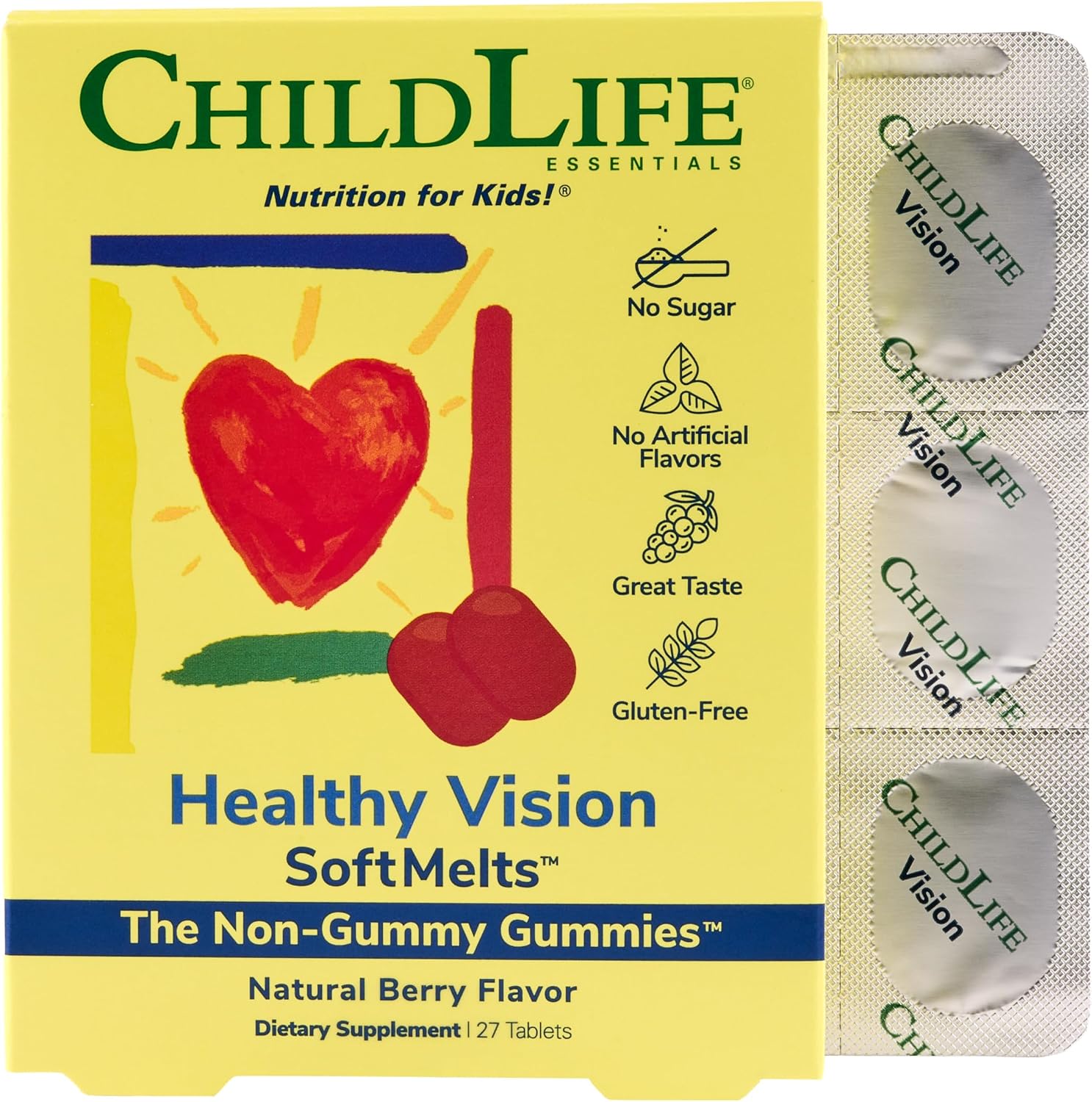 CHILDLIFE ESSENTIALS Healthy Vision SoftMelts - Gomitas de luteína y zeaxantina para la salud ocular infantil, Sabor a bayas, 27 unidades