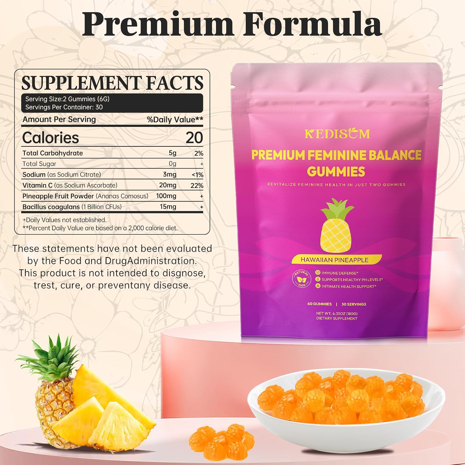 Premium Feminine Balance Gummies - Gominolas para el Bienestar Femenino con Probióticos - Sabor Piña Hawaiana - 60 Gominolas - 30 Dosis