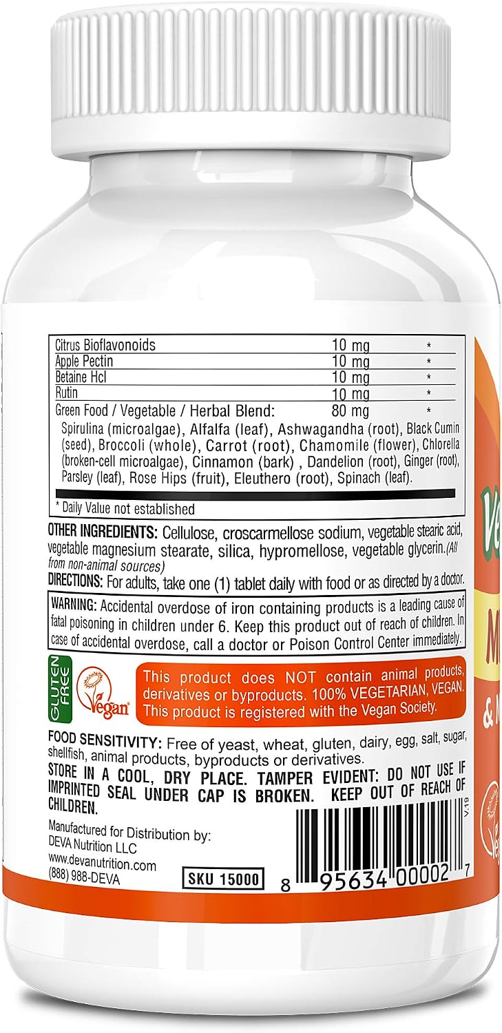 Deva Vegan Multivitamin & Mineral Supplement - Once Daily Formula with Greens - Vitamins A, C, D, E, B Complex - 90 Coated Tablets