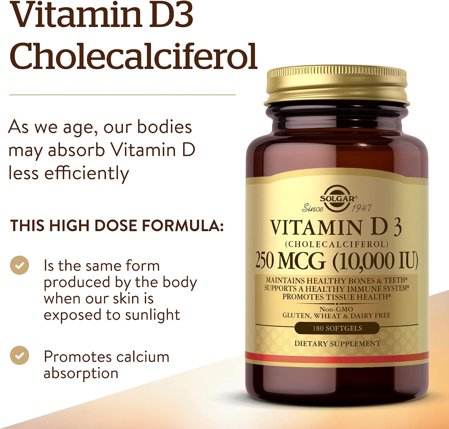 Solgar Vitamina D3 Colecalciferol 250 mcg (10000 UI) Cápsulas blandas - 180 unidades