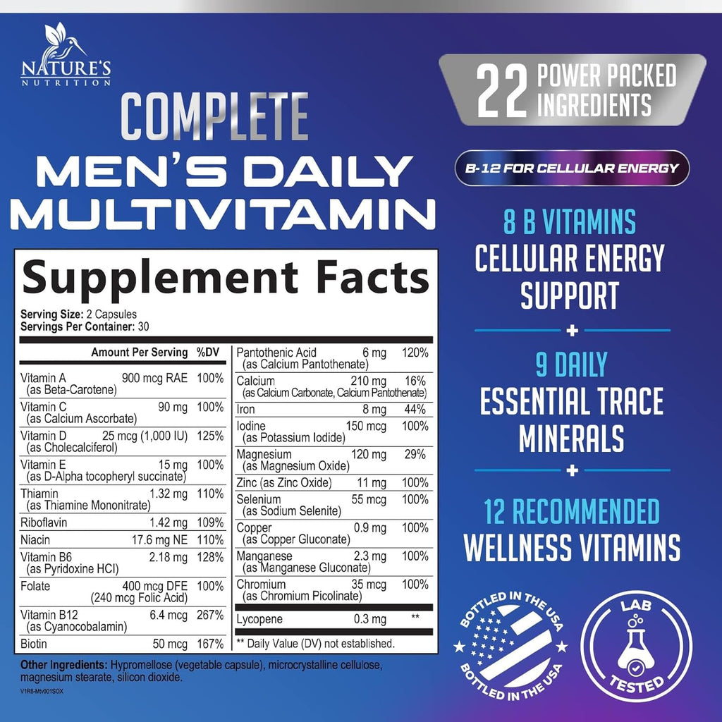 Multivitamínico para Hombres - Complejo Diario con Vitaminas A, C, D, E, B12, Zinc y Hierro - 60 Cápsulas
