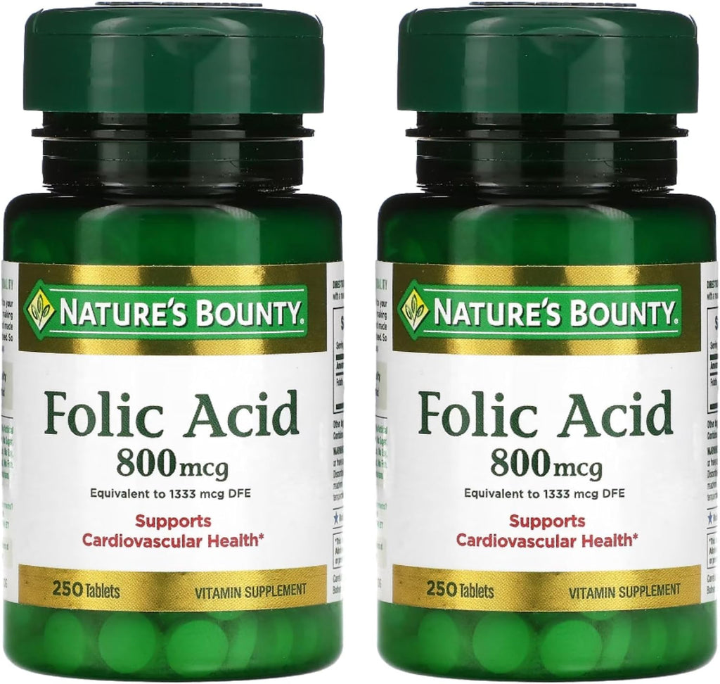Nature's Bounty Ácido Fólico 800 mcg, Complemento Alimenticio, Máxima Potencia - 250 Comprimidos (Pack de 2)
