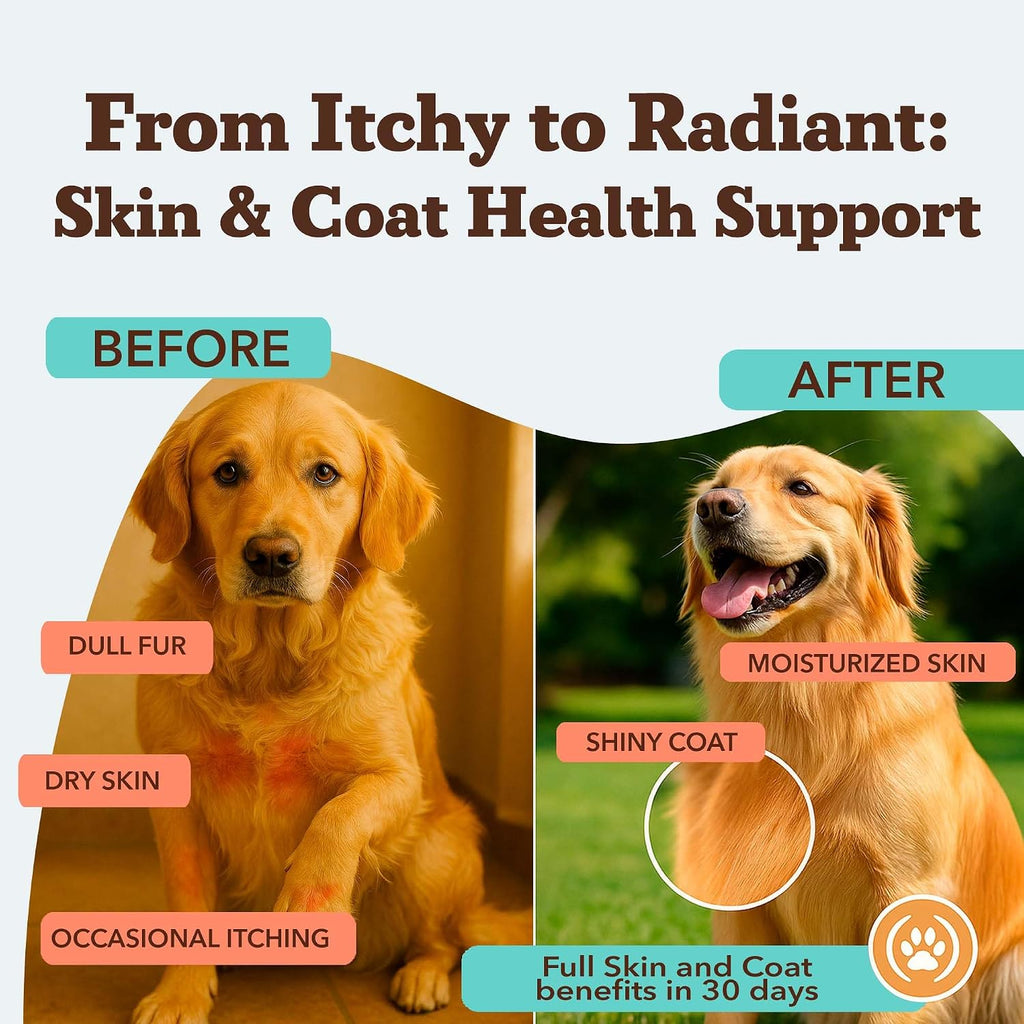 Suplemento Masticable para Perros Piel y Pelaje – Aceite de Salmón Omega 3, Biotina y Vitamina E – 180 unidades