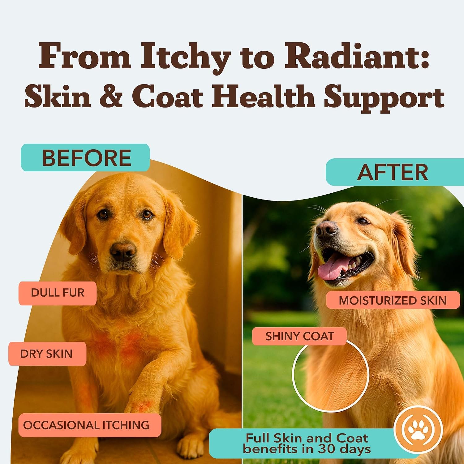 Suplemento Masticable para Perros Piel y Pelaje – Aceite de Salmón Omega 3, Biotina y Vitamina E – 180 unidades