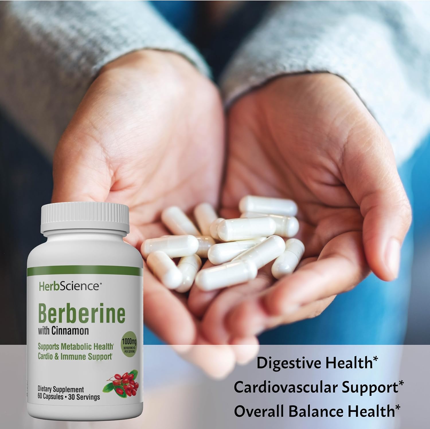Herb Science Berberine - 1000mg de Berberina HCI por Dosis - Apoyo Metabólico y Cardiovascular - 120 Cápsulas (2 Envases)