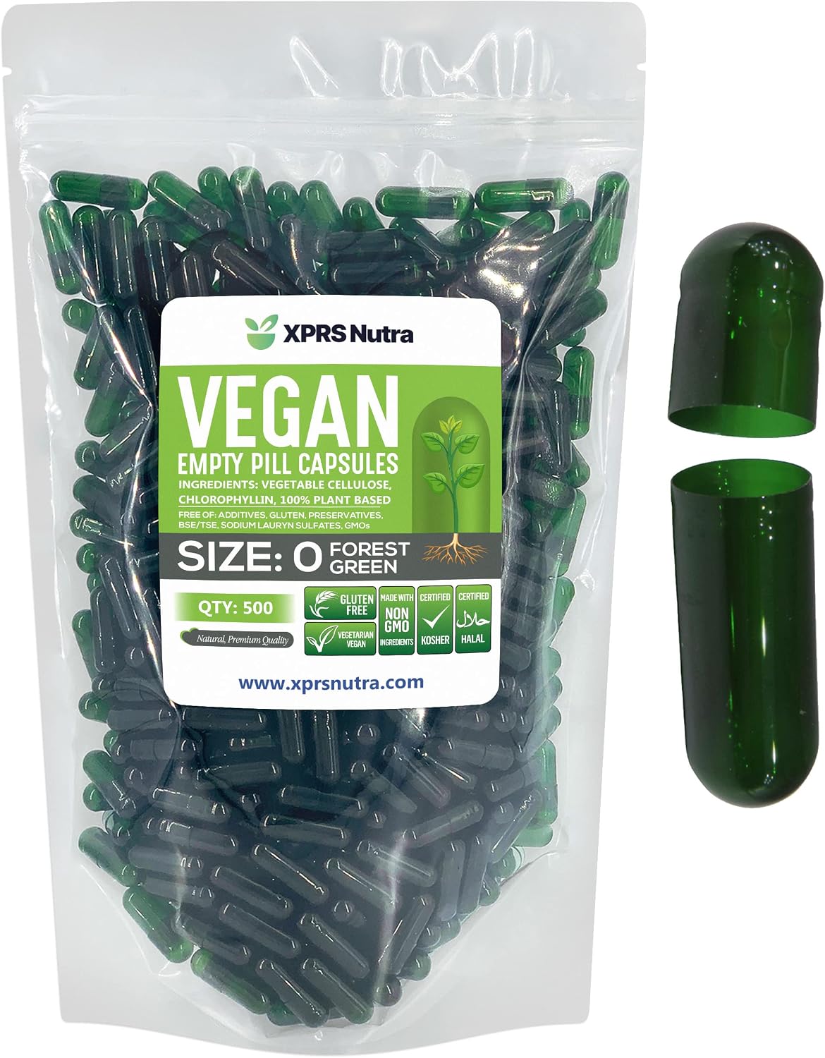 XPRS Nutra Cápsulas Vacías Veganas Tamaño 0 - 500 uds (Verde Bosque)