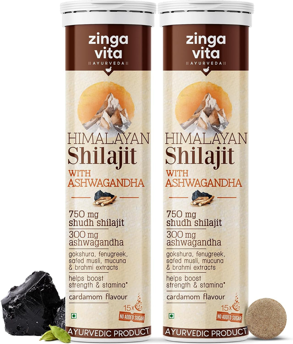 Zingavita Ayurveda Himalayan Shilajit 750mg Efervescente con Ashwagandha, Gokshuru, Fenogreco, Brahmi y Safed Musli - Pack de 2
