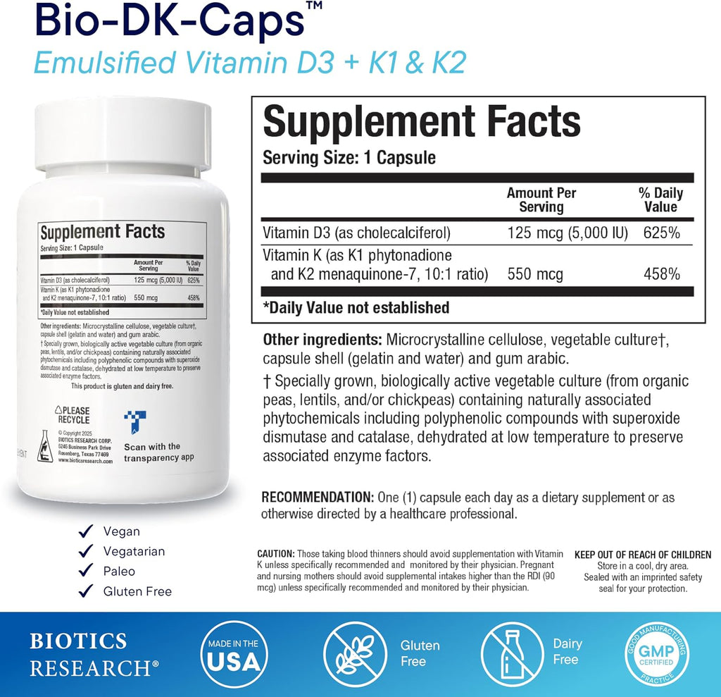 BIOTICS RESEARCH Bio-DK Caps – Vitamina D3 y K2 Emulsificada (60 Cápsulas)