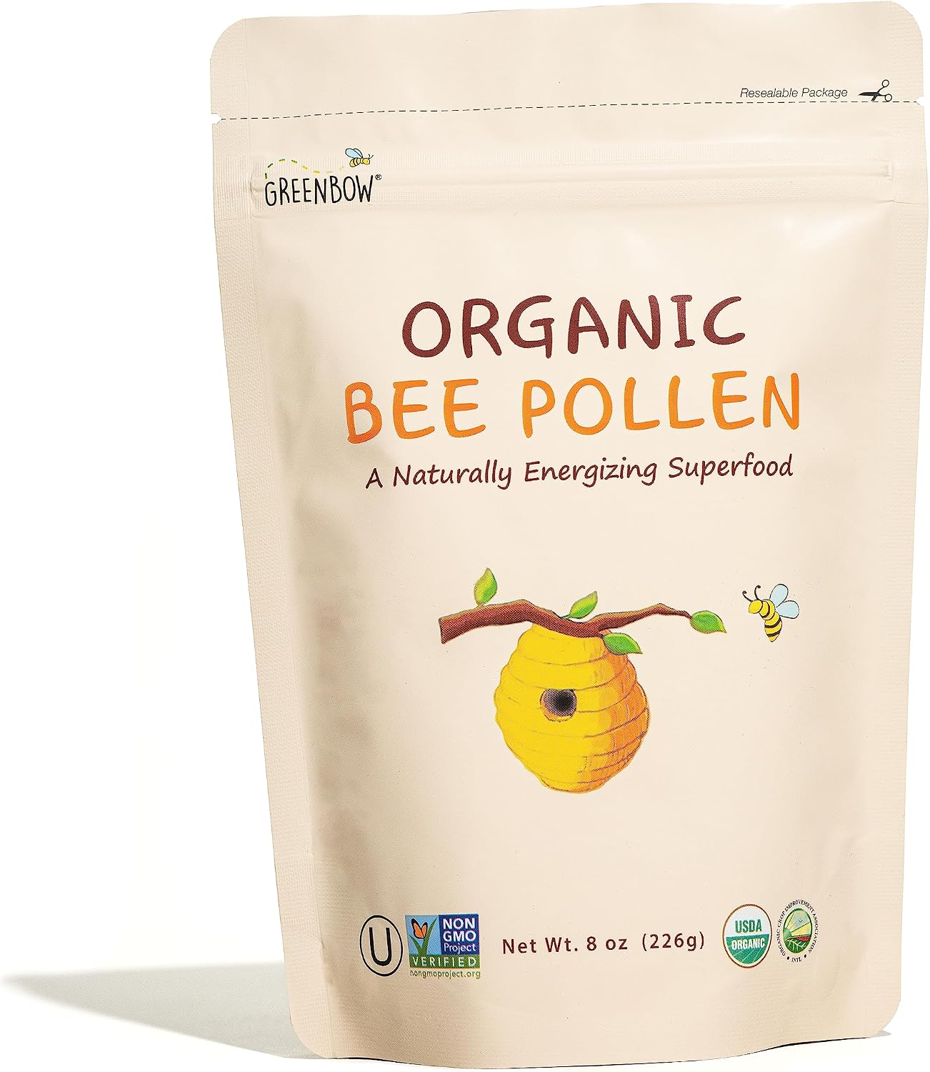 Greenbow Organic Bee Pollen - 100% USDA Certified Organic, Non-GMO, Halal, Kosher, Certified GMP, Pure & Natural Bee Pollen - Superfood Packed with Proteins, Vitamins & Minerals - Gluten Free - 8oz