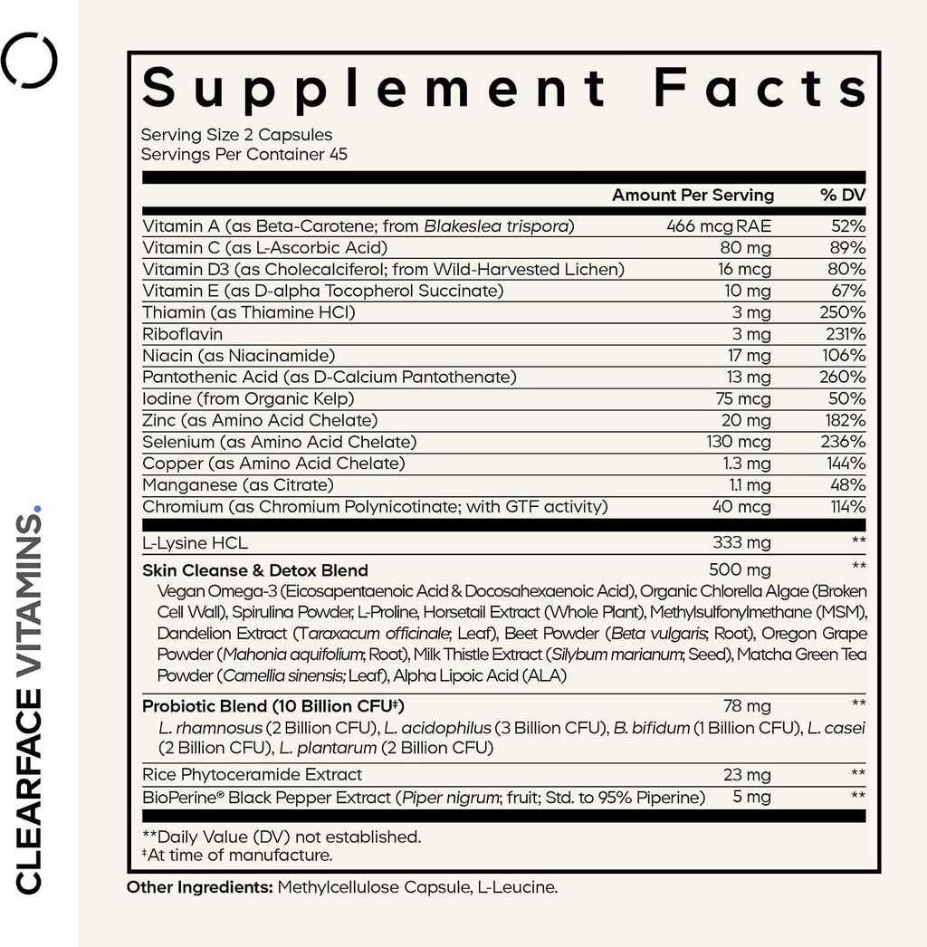 Codeage Clearface Vitaminas para la Piel | Complejo de Vitaminas y Minerales con Niacina, 90 Cápsulas