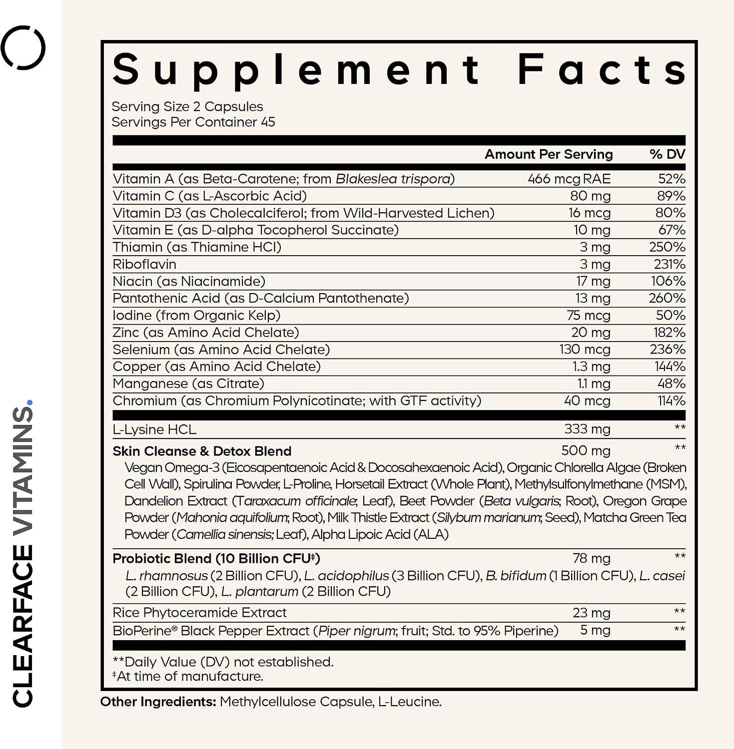 Codeage Clearface Vitaminas para la Piel | Complejo de Vitaminas y Minerales con Niacina, 90 Cápsulas
