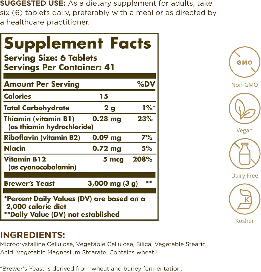 Solgar Levadura de Cerveza 7 ½ Granos con Vitamina B12 - 250 tabletas (Pack de 3)