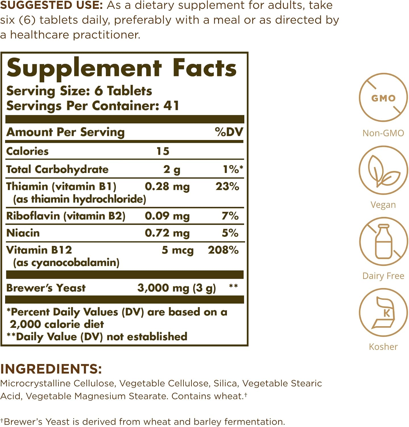 Solgar Levadura de Cerveza 7 ½ Granos con Vitamina B12 - 250 tabletas (Pack de 3)