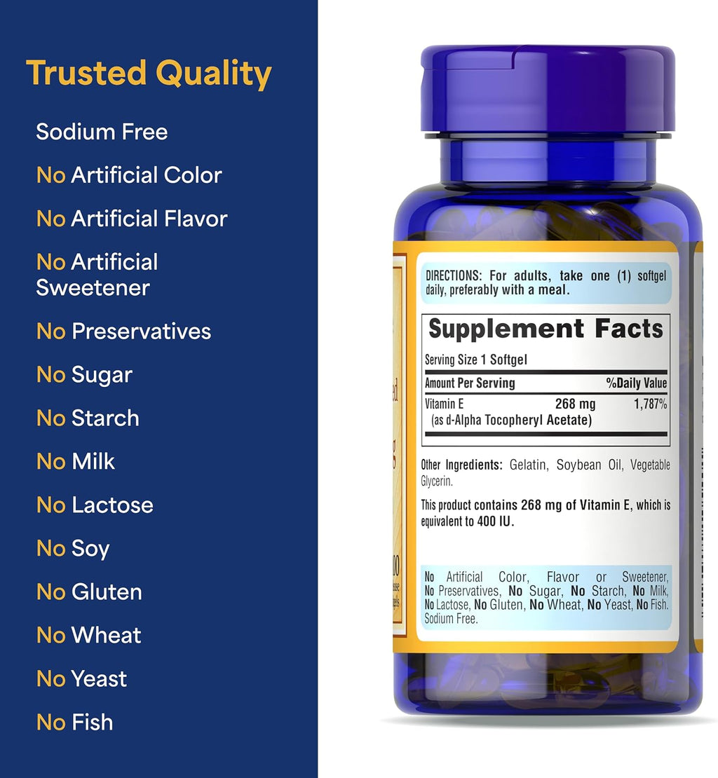 Puritan's Pride Vitamina E 268 mg (400 UI) D-Alfa Tocoferol, Suplemento para el Sistema Inmunitario y Apoyo Antioxidante, 100 Cápsulas de Liberación Rápida