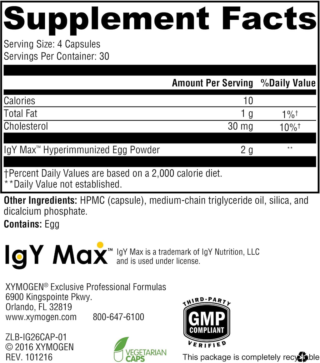 XYMOGEN IG 26 DF - Cápsulas de Inmunoglobulinas sin Lácteos para la Salud Intestinal e Inmune - Derivadas de Huevo Hiperinmune - 120 Cápsulas